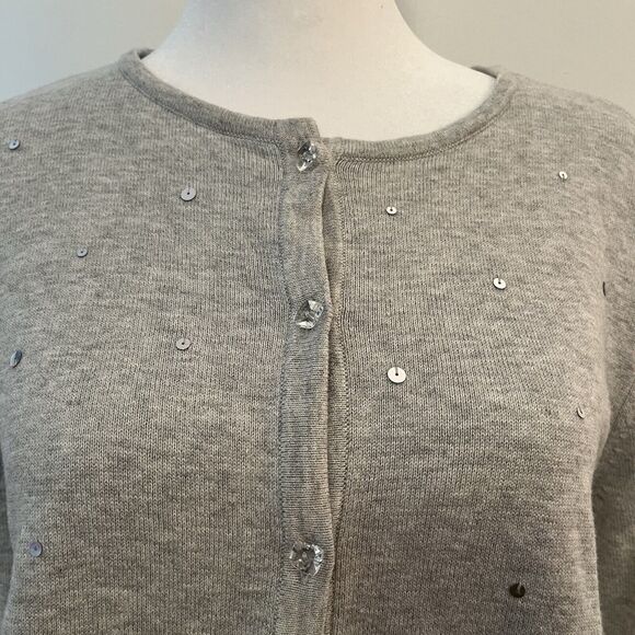 Quacker Factory 100% Cotton Gray Cardigan Sweater Sequins Bling Button Front XS - Picture 2 of 5
